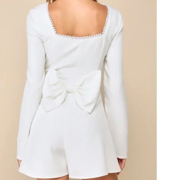 Luminous Aesthetic White Pearl Trim Long Sleeve Romper with Bow Size Small NWOT - Picture 2 of 7